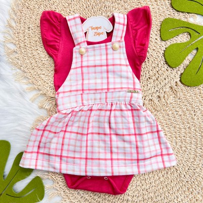 Conj. Body Manga Curta e Salopete Xadrez - Cereja